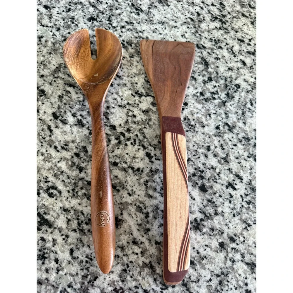 Handcrafted Wooden Kitchen Set of 2 Salad Spoon Spatula Rustic Artisan Wood